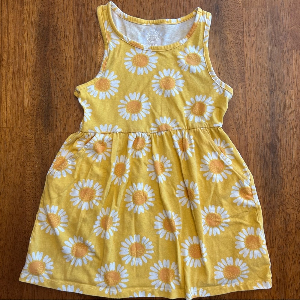 Yellow Sleeveless Daisy Dress | Girls XS 4-5 | Floral Sundress | Wonder Nation